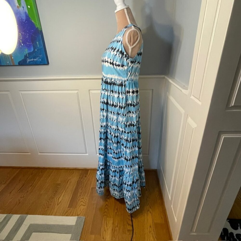 Tyler Boe 100% Cotton Poplin Tiered Maxi Dress Aqua Blue Ikat Abstract Small - Picture 5 of 10